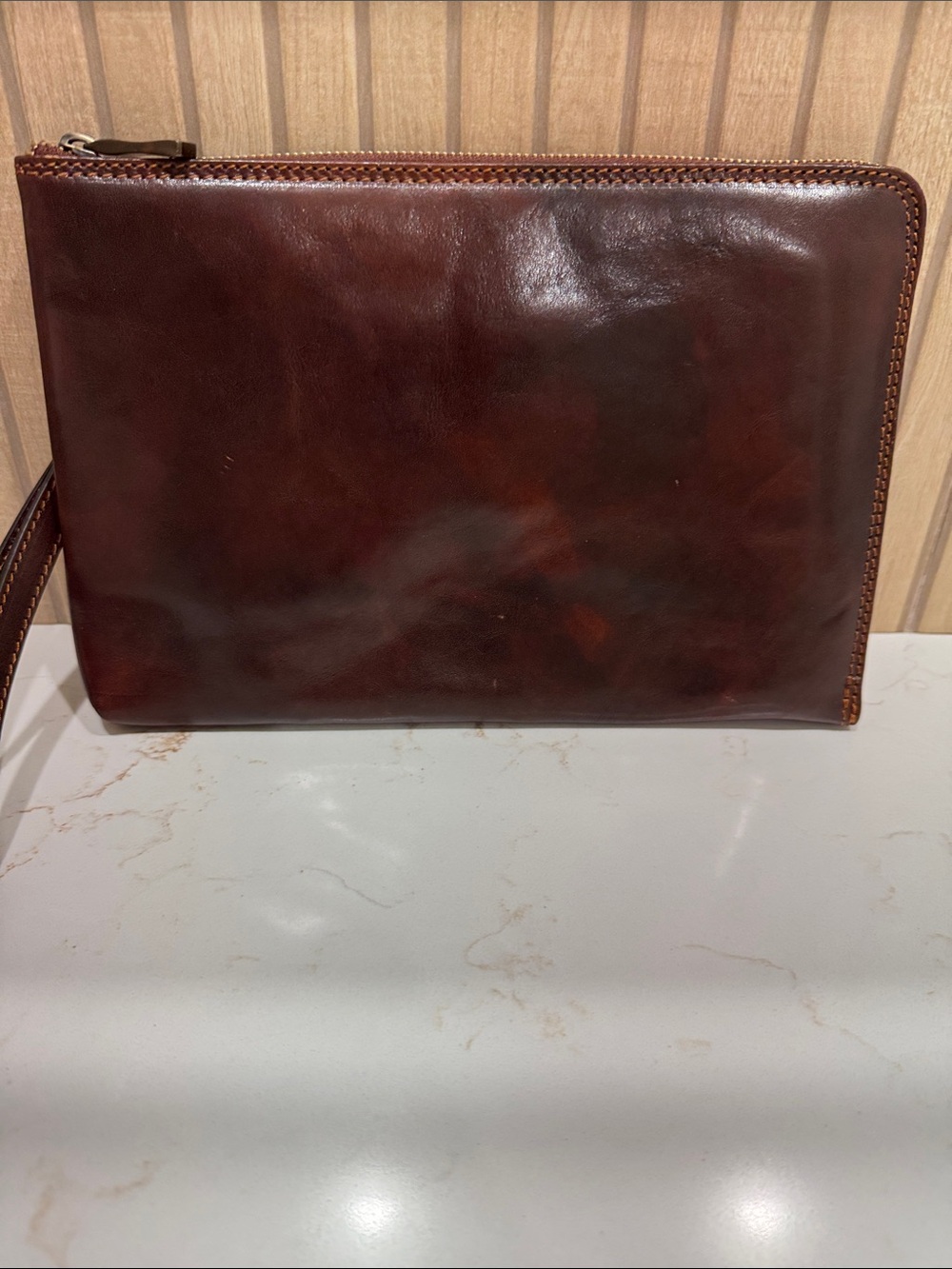 Leather Zip Wristlet Clutch in Dark Brown